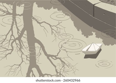 Hand drawn boat in a puddle.8 EPS 