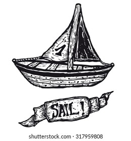 Hand drawn boat and sail banner/
Illustration of a hand drawn boat and sail banner
