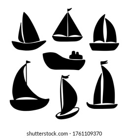 Hand drawn  boat and ship silhouette icons set isolated on white background. Sea travel cruise, boat and ship, yacht transport and sailboat .Vector flat illustration  of boats.  Design for logo, print