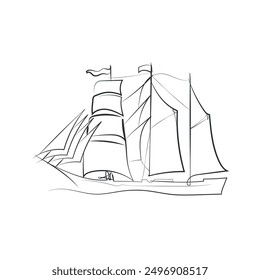 Hand drawn boat, vector illustration. Sketch ship. Simple vector image of sailing yacht on waves drawn in line style. Travel