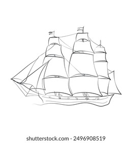 Hand drawn boat, vector illustration. Sketch ship. Simple vector image of sailing yacht on waves drawn in line style. Travel