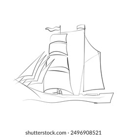 Hand drawn boat, vector illustration. Sketch ship. Simple vector image of sailing yacht on waves drawn in line style. Travel