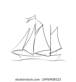 Hand drawn boat, vector illustration. Sketch ship. Simple vector image of sailing yacht on waves drawn in line style. Travel