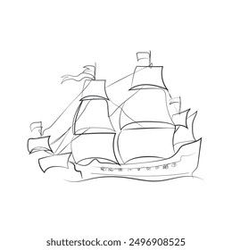 Hand drawn boat, vector illustration. Sketch ship. Simple vector image of sailing yacht on waves drawn in line style. Travel