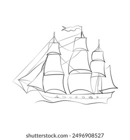 Hand drawn boat, vector illustration. Sketch ship. Simple vector image of sailing yacht on waves drawn in line style. Travel