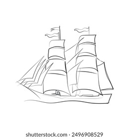 Hand drawn boat, vector illustration. Sketch ship. Simple vector image of sailing yacht on waves drawn in line style. Travel