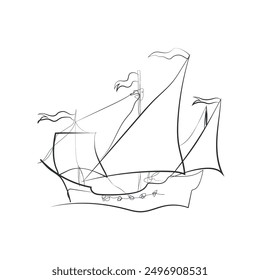 Hand drawn boat, vector illustration. Sketch ship. Simple vector image of sailing yacht on waves drawn in line style. Travel