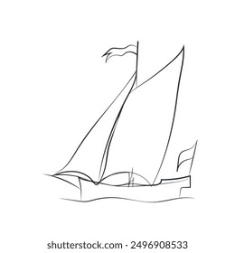 Hand drawn boat, vector illustration. Sketch ship. Simple vector image of sailing yacht on waves drawn in line style. Travel