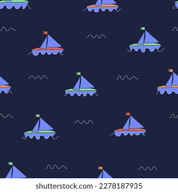 Handgezeichnete Boote auf den Wellen nahtloses Muster. Schiffe im Meer wiederholt Ornament. Verschiedene Farbsegler. Vektorgrafik für Textilien, Gewebe, Tapeten, Kinderzeug, Hintergrund, Wrapper.