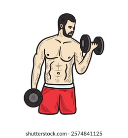 Hand Drawn Bodybuilding Illustration Colored - Man Body