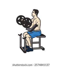 Hand Drawn Bodybuilding Illustration Colored - Preacher Curl Machine