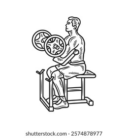 Hand Drawn Bodybuilding Illustration Colorless - Preacher Curl Machine