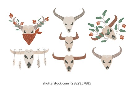 Hand drawn bogemian buffalo Skulls with flower foliage. Flat wild west cows.