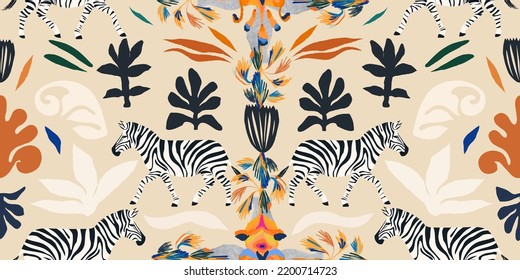 Hand drawn bohemian abstract organic shapes floral pattern with zebras. Collage contemporary print. Fashionable template for design. Ethnic style.