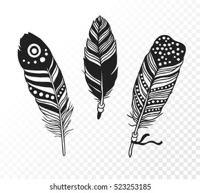 Hand drawn Bohemian chic style illustration. Ink vector pattern with Boho Feathers. Creative black contour art-work on transparent background