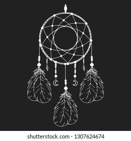Hand drawn bohemian dream catcher in vintage boho style. Magic tribal indian tattoo. Traditional aztec print.