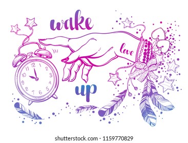 Hand drawn bohemian girls hand with amulets, magical alarm clock and feathers. Boho chic style, boho girl. High detailed vector artwork. Beautiful tattoo illustration in black and white colors.