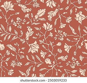 Dibujado a mano bohemio sin patrón. Patrón floral botánico. Diseño para moda, tela, textil y Fondo de pantalla. Patrón floral de Vector. Floral. Tendencia 2025. Patrón de verano.