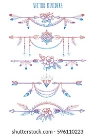Hand drawn bohemian style dividers with arrows flowers and feathers. Vector illustration