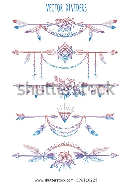 Hand drawn bohemian style dividers\
with arrows flowers and feathers. Vector\
illustration