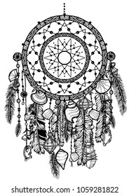 Hand drawn bohemian vector Dreamcatcher with gemstones and feathers. Ethnic hipster illustration with native American Indian chic design, tribal symbol. Coloring book for adults, gypsy dream catcher. 