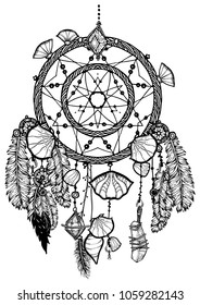 Hand drawn bohemian vector Dreamcatcher with gemstones and feathers. Ethnic hipster illustration with native American Indian chic design, tribal symbol. Coloring book for adults, gypsy dream catcher. 