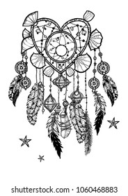 Hand drawn bohemian vector Dreamcatcher with gemstones and feathers. Ethnic hipster illustration with native American Indian chic design, tribal symbol. Coloring book for adults, gypsy dream catcher. 