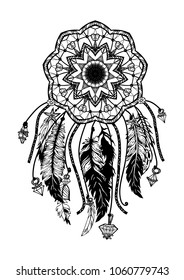 Hand drawn bohemian vector Dreamcatcher with gemstones and feathers. Ethnic hipster illustration with native American Indian chic design, tribal symbol. Coloring book for adults, gypsy dream catcher. 
