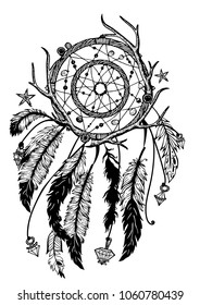 Hand drawn bohemian vector Dreamcatcher with gemstones and feathers. Ethnic hipster illustration with native American Indian chic design, tribal symbol. Coloring book for adults, gypsy dream catcher. 