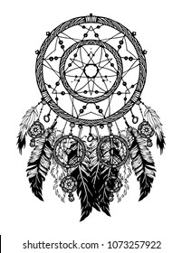 Hand drawn bohemian vector Dreamcatcher with gemstones and feathers. Ethnic hipster illustration with native American Indian chic design, tribal symbol. Coloring book for adults, gypsy dream catcher. 
