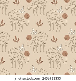 Hand drawn boho abstract minimalistic wrapping pattern with line leopards African jungle animals. Creative modern collage contemporary seamless digital paper. Natural warm beige colors palette