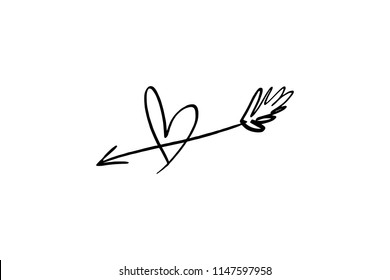 Hand drawn boho amour label, love concept, ink minimalistic arrow logo. Unique stylish print for posters, cards, mugs, clothes and other. Vector Illustration, clipart. Isolated on white background.