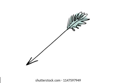 Hand drawn boho arrow. Tribal, romantic, native symbol. Tiny tattoo, decor element. Vector Illustration, clipart. Isolated on white background.