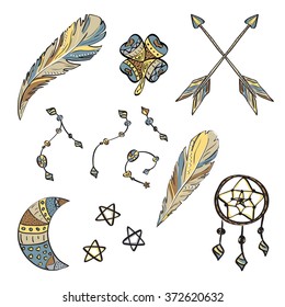 Hand drawn boho arrows, feathers, dreamcatcher and other elements