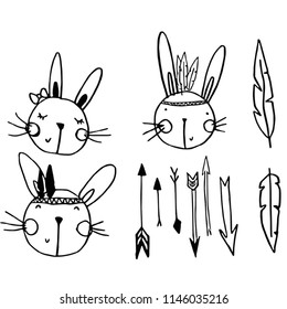 Hand drawn  boho bunnies vector set. Lots of cute bunny illustrations, boho arrows. Best for posters, logos, illustrations.