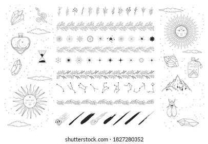 Hand drawn boho and celestial suns, stars, constellations, comets and floral borders. Spiritual tattoo. Magic esoteric pattern. Mystic decoration and rustic dividers.