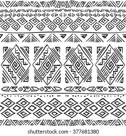 Hand drawn boho chic seamless pattern with tribal aztec elements. Ethic background for textile, phone cover, wrap, gift cards etc. Black and white.