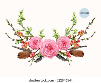  Hand drawn boho chic style design elements with  roses, branches, leaves and sakura, hibiscus flowers isolated on white background. Perfect for wallpapers, web page backgrounds, textile.
