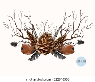 Hand drawn boho chic style design elements with  pine cones, branches, feathers and various flowers isolated on white background. Perfect for wallpapers, web page backgrounds,surface textures, textile