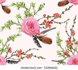  Hand drawn boho chic style seamless pattern with branches, roses and various feathers and flowers. Perfect for wallpapers, web page backgrounds, surface textures, textile.