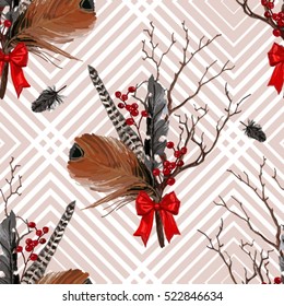  Diseño elegante con ramas, plumas de bayas rojas, arco rojo.  Textura geométrica abstracta, rayas. Perfecto para fondos de escritorio, fondos de página web, texturas superficiales, textiles