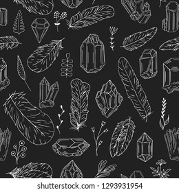 Hand drawn boho crystal, gem, feathers, floral seamless pattern in native indian style. Tribal background. Vector isolated illustration.