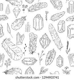 Hand drawn boho crystal, gem, feathers, floral seamless pattern in indian style. Tribal nature background. Vector isolated illustration.