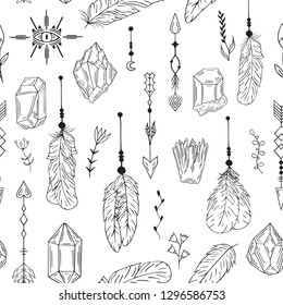 Hand Drawn Boho Crystal, Gem, Feathers, Floral Seamless Pattern In Indian Style. Tribal Background With Evil Eye. Vector Isolated Magic Illustration.