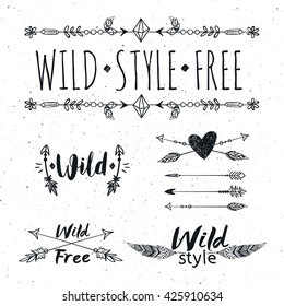 Hand drawn boho design elements set. Wild style labels with hearts, arrows, feathers. Vector decoration, divider, frame, border design.