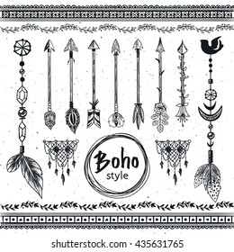 Hand Drawn Boho Design Elements Set. Wild Style Labels With Arrows, Feathers, Flowers, Leaves.. Vector Decoration, Divider, Frame, Border Design.