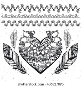 Hand drawn boho design elements set. Wild style doodle heart with feathers, leaves. Vector decoration, frame, border design.