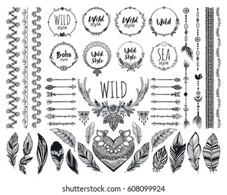 Hand drawn boho design elements set. Wild style round labels with heart, arrows, feathers. Vector ethnic decoration, divider, frame, border design.