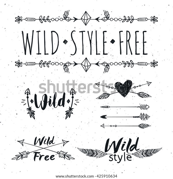 Hand drawn boho design elements set. Wild style\
labels with hearts, arrows, feathers. Vector decoration, divider,\
frame, border design.