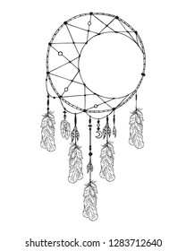 Hand drawn boho dream catcher in native bohemian, indian style. Magic aztec tribal ethnic tattoo.